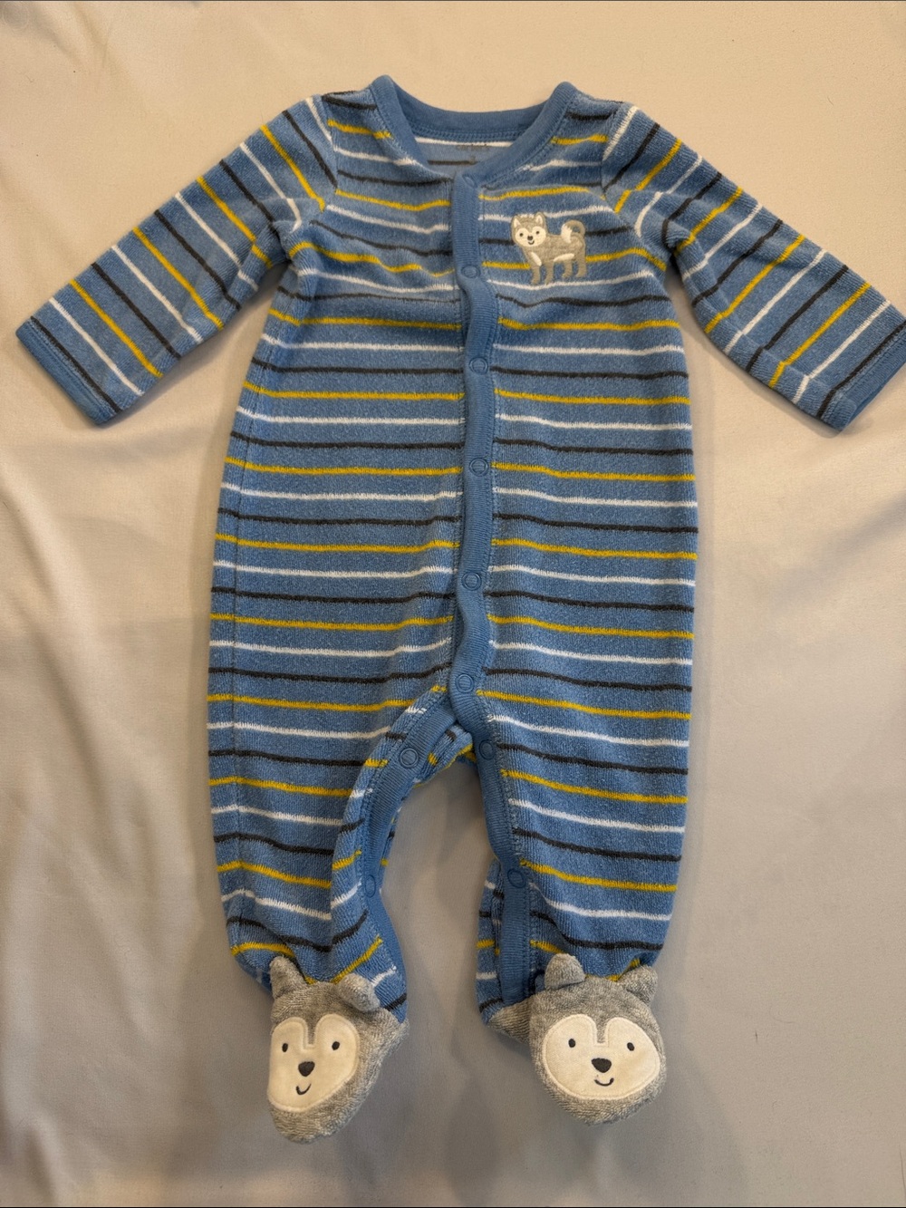 Carter's Blue, Yellow and White Striped Footed One-Piece terry with Puppy Faces